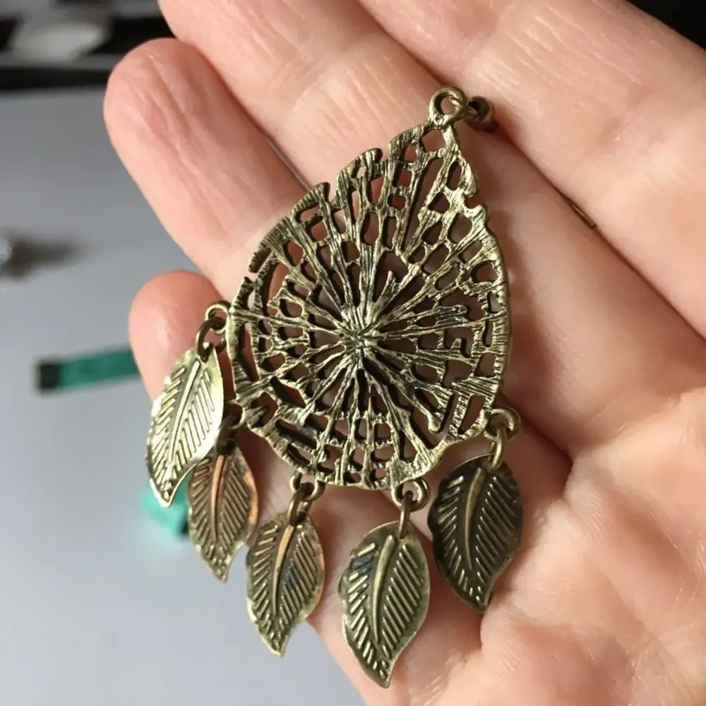 Dream-catcher with dangling leaves bronze-tone earrings